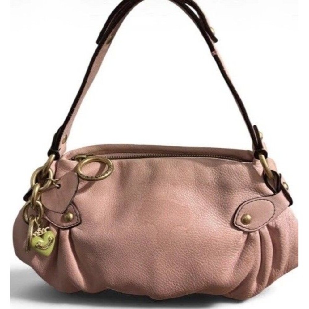 Juicy Couture Y2K Pink Genuine Leather Ruched Shoulder Bag Charm Gold Tone